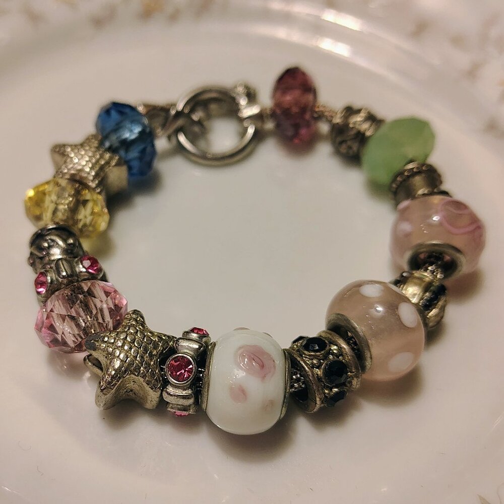 Vtg Pink Murano Style Glass Silver Tone Starfish Lampwork Charm Bracelet